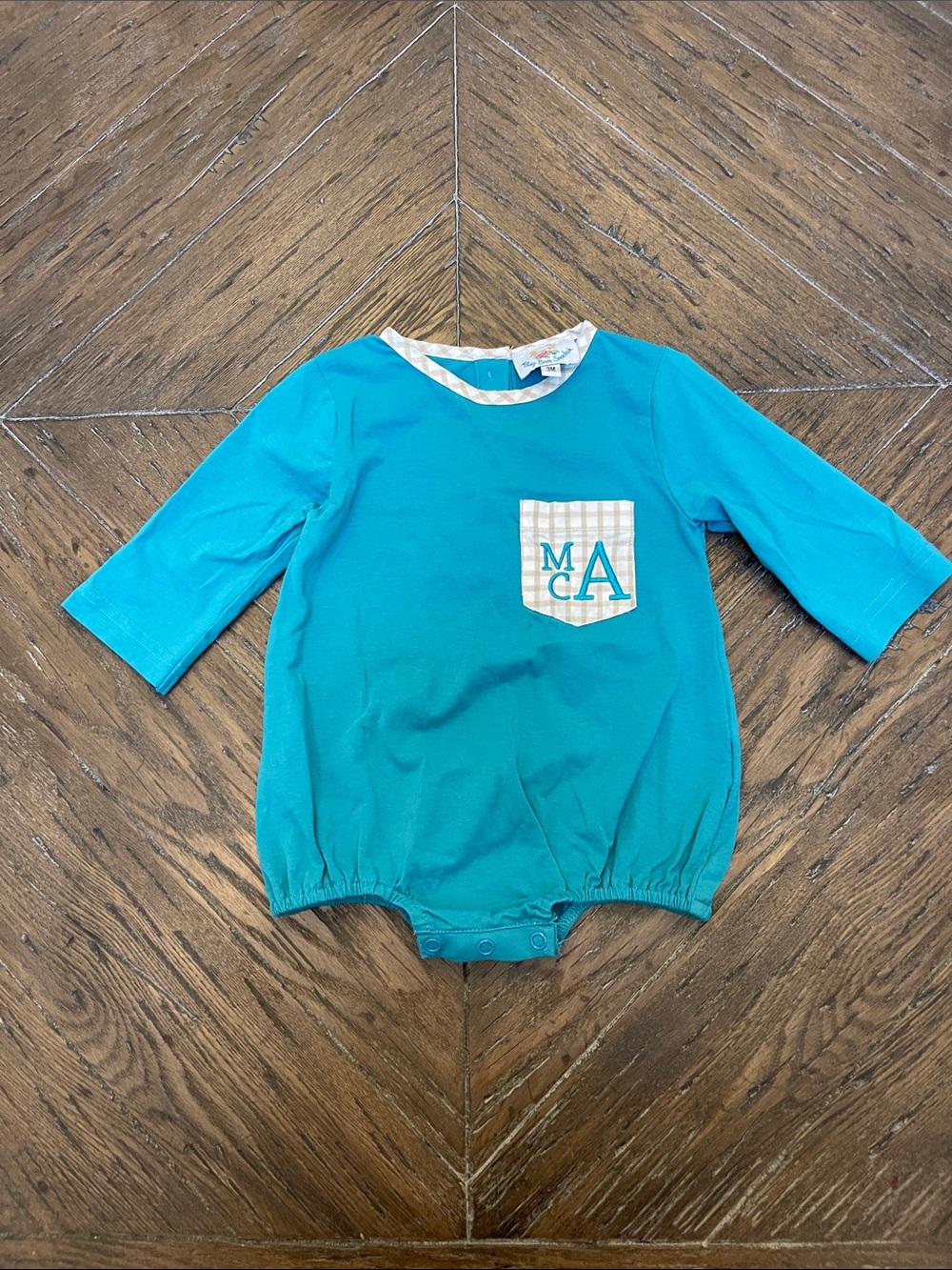 Busy Bees Smocks Teal Romper with Plaid Pocket Monogram MAC